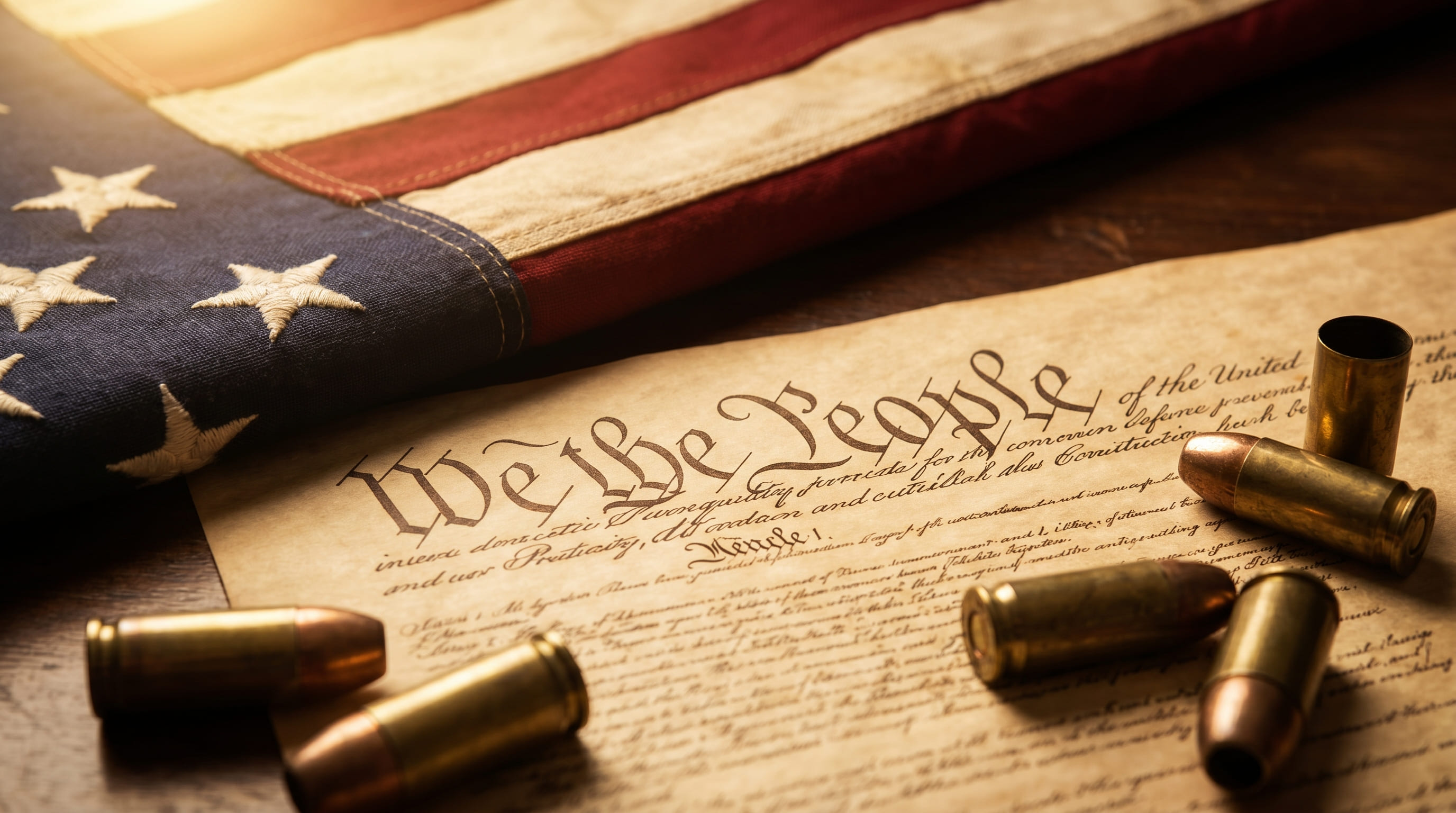 American flag draped over the U.S. Constitution alongside pistol cartridges - We the People.